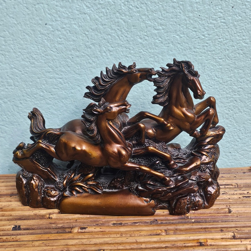 3 Running Horses Statue Bronze Finish Resin Horse Sculpture Decor 10.5 inch